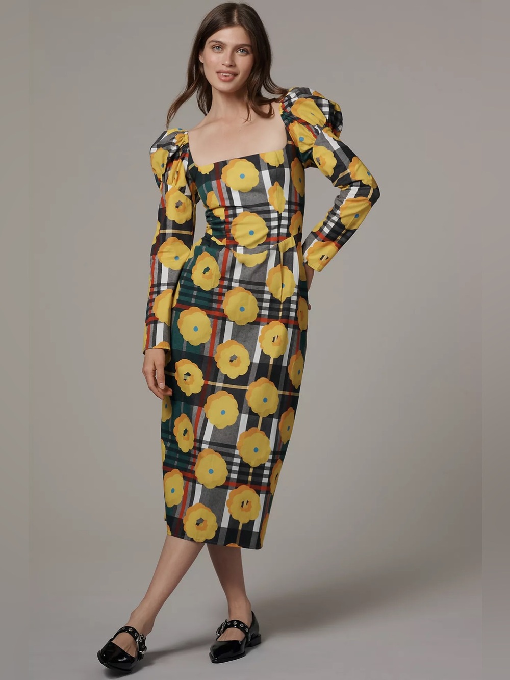 Anthropologie De Loreta Amanda Puff Sleeve Square Neck Midi Dress, size 1X NWT